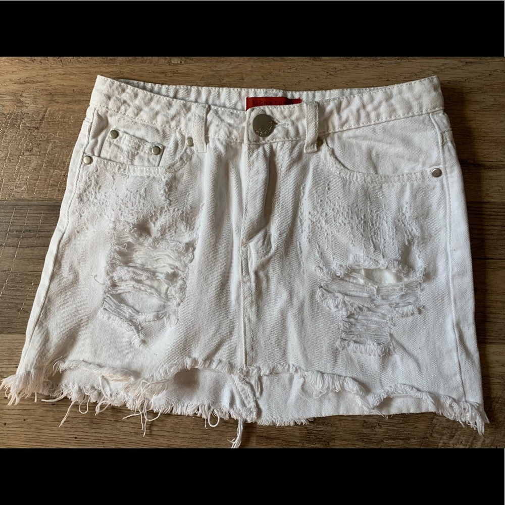 White mini denim skirt